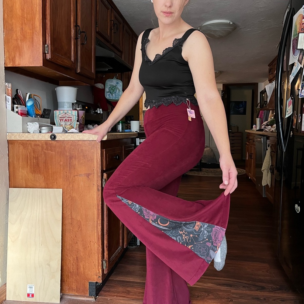 Large/ tall - Burgundy Flare Pants whimsygoth Inset - Picture 3 of 6